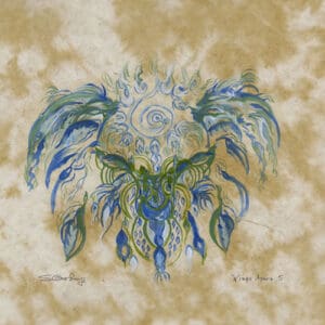 A painting of an animal with blue feathers on it's head.
