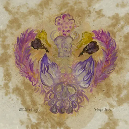A painting of two birds with purple feathers on them.