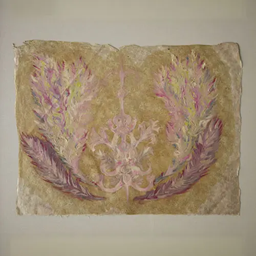 A painting of two pink feathers on paper.