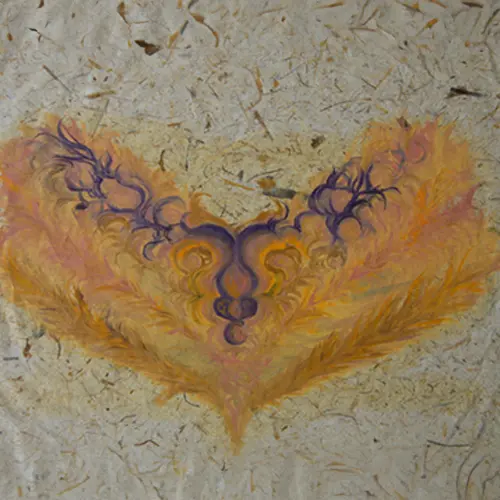 A painting of a butterfly with purple and yellow designs.